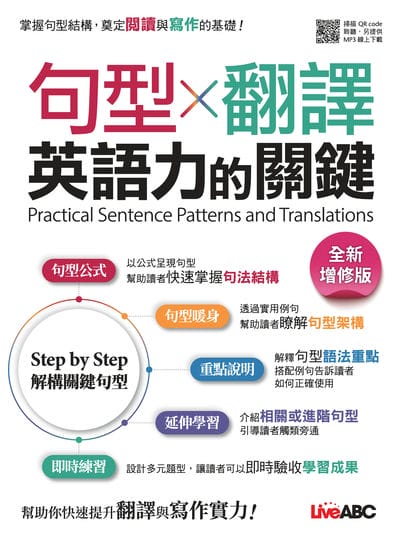 句型×翻譯 英語力的關鍵(全新增修版)[有聲書] 出版公司:希伯崙 作者:LiveABC編輯群 類型:語言學習-英文學習 有聲書(含PDF電子書) 繁體中文版
